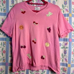 Breckenridge Fruit Embroidered Pink Knit T-Shirt With Berries And Citrus Fruit